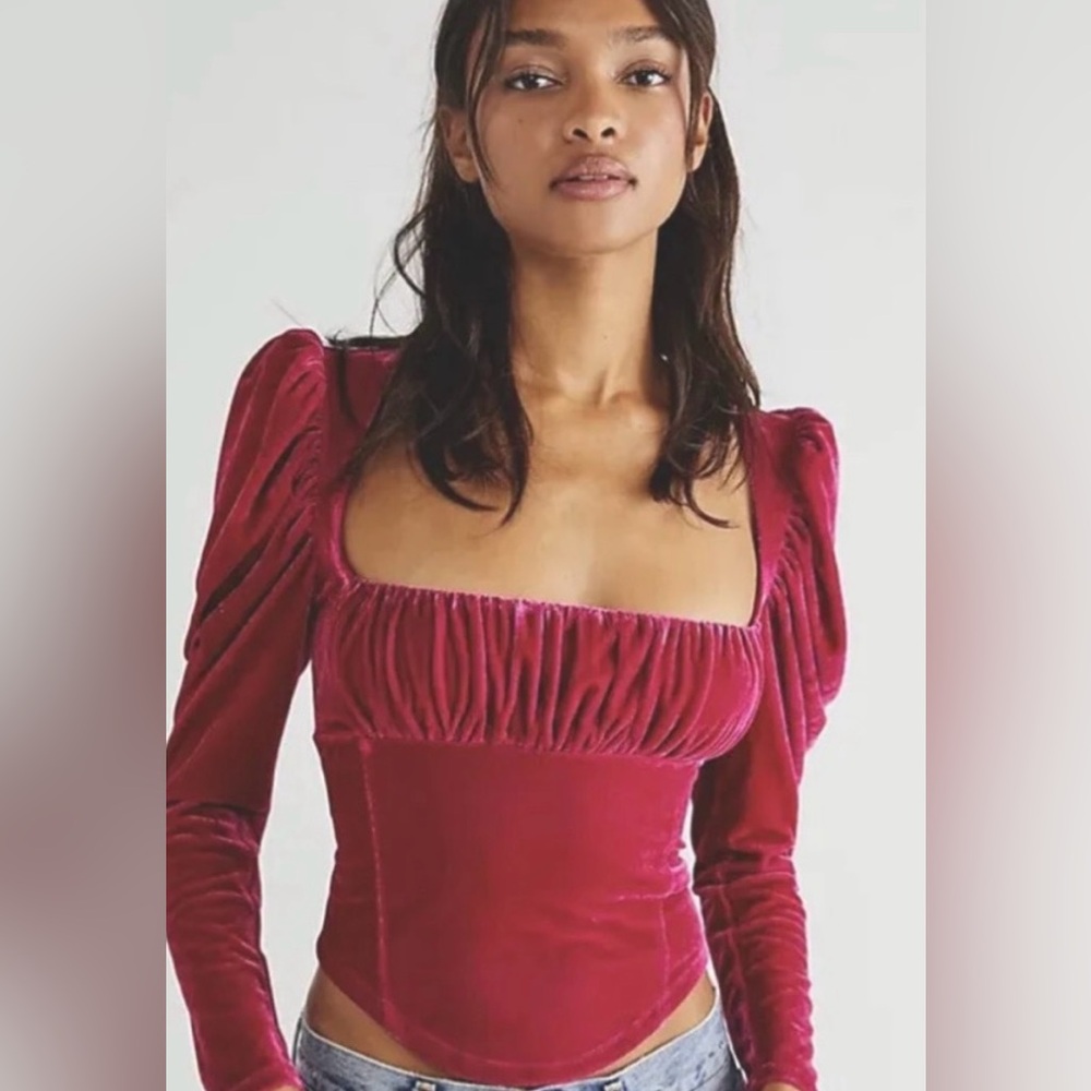 Free People Hold Me Puff Sleeve Velvet Top